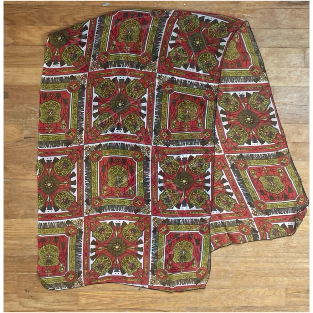 Vintage Scarf Medallion Tassel Red Green Large Sheer Oblong Shawl Wrap Summer